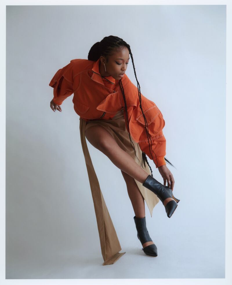 Dyed nylon bomber jacket in amber (€1,095) at Havana Boutique. Fortress pleated skirt (€425)