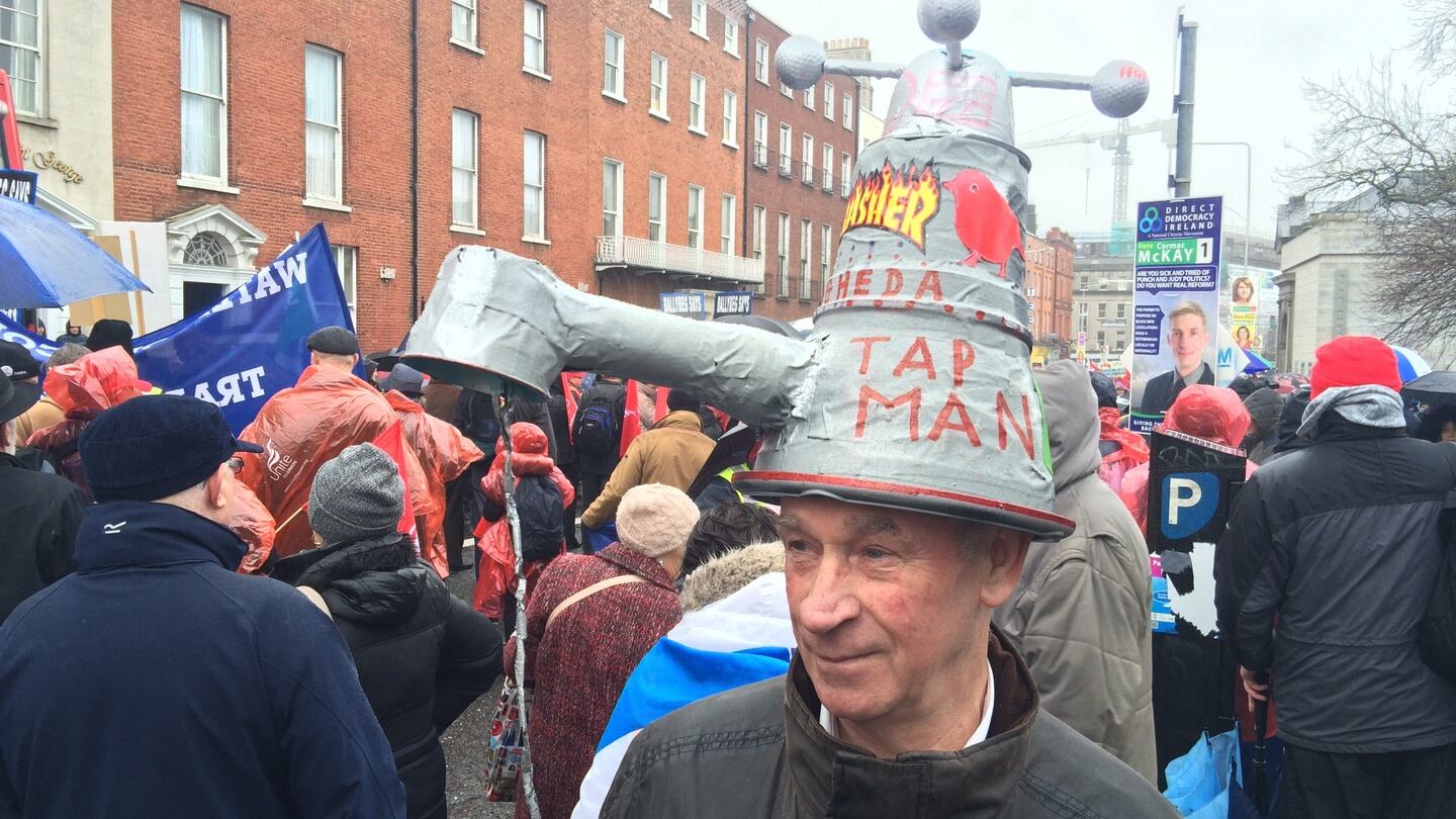 Anti-water charges protester Noel Carter from Drogheda outside the Garden of Rememberance on Parnell Square. Photograph: Cyril Byrne/The Irish Times