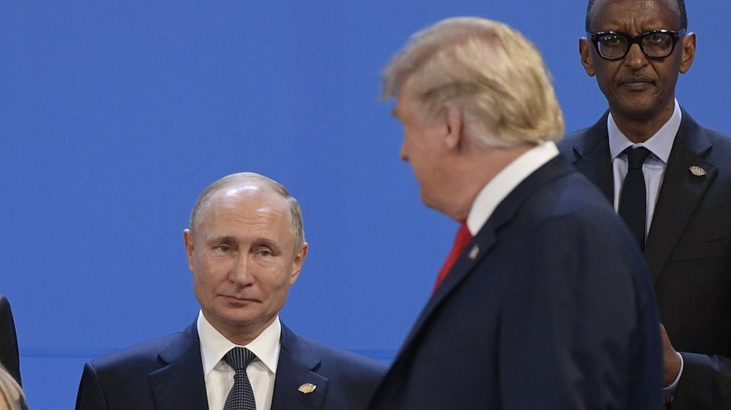 US president Donald Trump and Russia’s president Vladimir Putin at the G20 summit in Buenos Aires, November 30th, 2018. Photograph: Juan Mabromata/ AFP