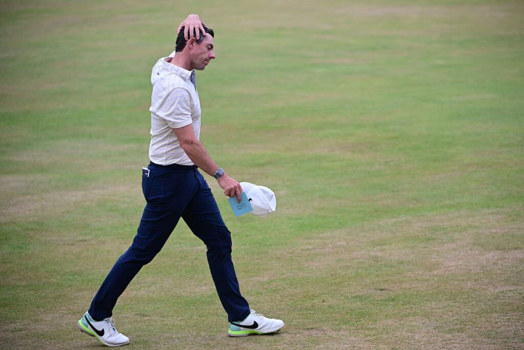 Rory McIlroy reacts on the 18th green after his final round on day 4 of The 150th British Open. Photograph: Andy Buchanan/AFP via Getty Images)