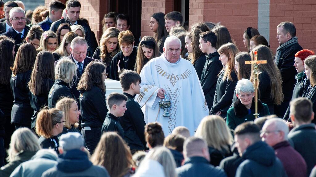 Parish Priest Fr Greg Howard officiates at the funeral Mass of Kimberly O’Connor at St Mary’s on the Hill Church in Knocknaheeny, Cork, on Wednesday. Photograph: Michael Mac Sweeney/Provision
