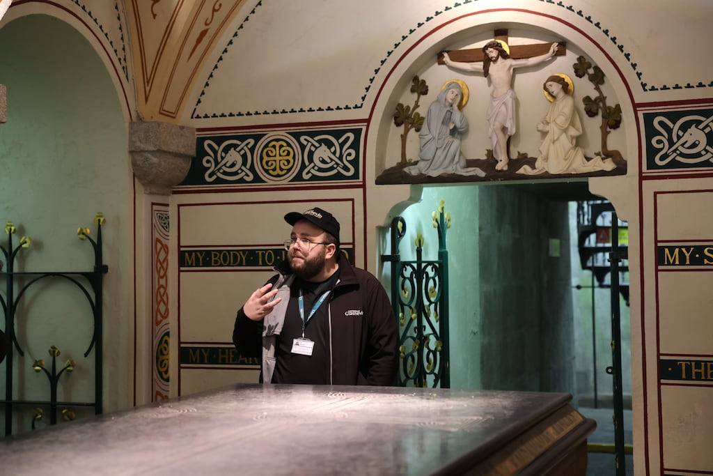 Irial Ó Conaill, a tour guide at Glasnevin cemetery, in Daniel O'Connell's burial crypt. 'There was no expense spared on his grave – they pulled out all the stops.' Photograph: Dara Mac Dónaill