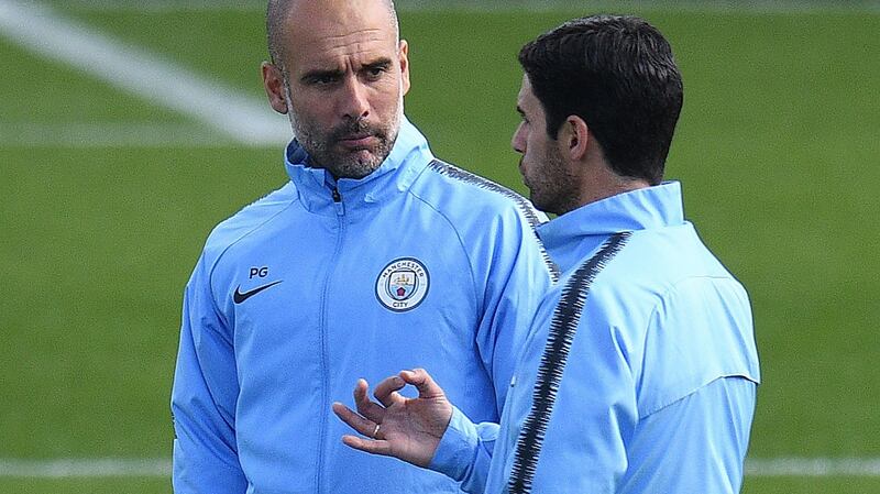 Times past: Manchester City boss Pep Guardiola and his then assistant Mikel Arteta  during  training  at City Football Academy in Manchester. Photograph: Getty Images