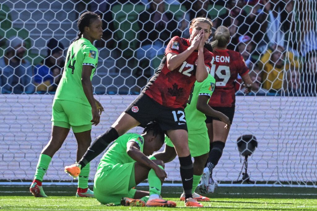 Canada's record scorer Christine Sinclair reacts to a missed chance in the 0-0 draw against Nigeria, a result that puts pressure on the Olympic champions to beat Ireland in the World Cup on Wednesday. Photograph: William West/AFP via Getty Images