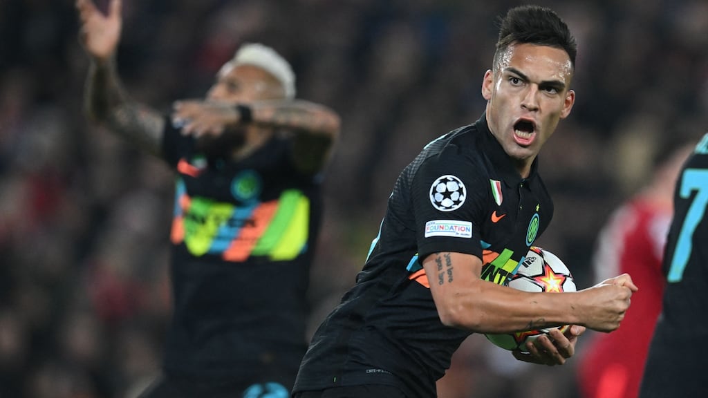 Inter Milan  Lautaro Martínez celebrates after scoring the opening goal of the  Champions League Round of 16 second leg  match against Liverpool  at Anfield. Photograph:  Paul Ellis/AFP via Getty Images