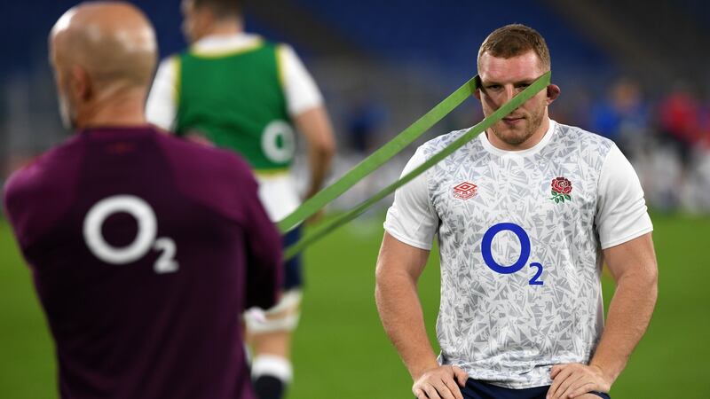 Sam Underhill warms up ahead of England’s Six Nations win over Italy in Rome. Photograph: Getty