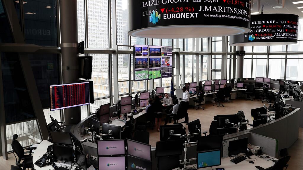 Euronext Stock Exchange, Paris: European markets made gains on Thursday, ending a three-day slide with London’s FTSE up 1.09 per cent. The CAC in Paris rose 0.8 per cent and Germany’s Dax was 0.49 per cent higher. Photograph: Thomas Samson/AFP/Getty