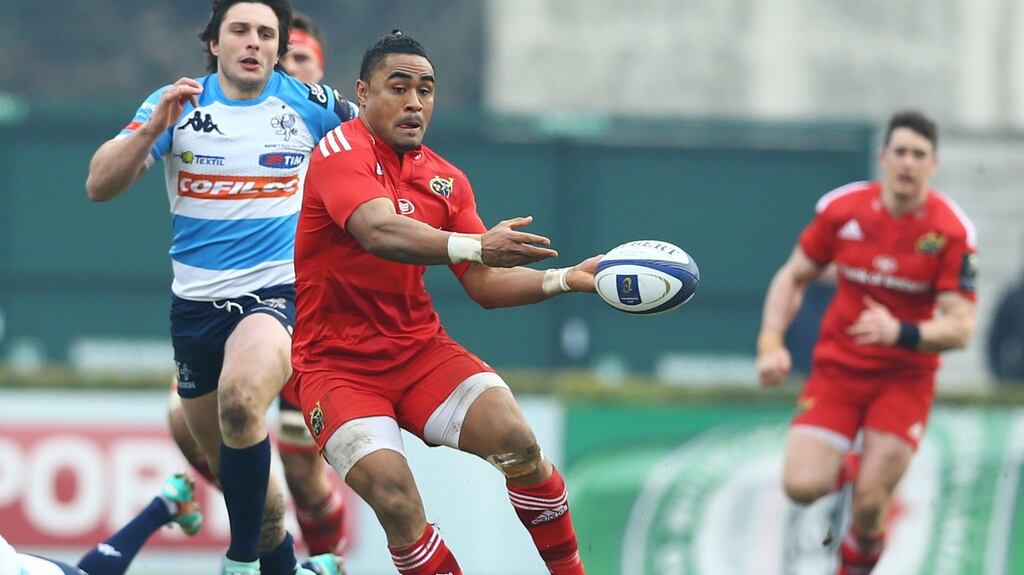 Francis Saili in action as Munster defeat Treviso 28-5 in Italy in the last round of European Champions Cup games. Photograph: Matteo Ciambelli/Inpho