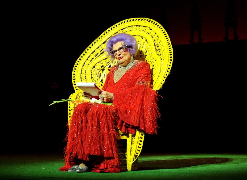 File photo dated 13/11/13 of Barry Humphries in character as Dame Edna Everage at the announcement of the Barry Humphries' Farewell Tour at The London Palladium, London in November, 2013. Photograph: Tim Goode/PA