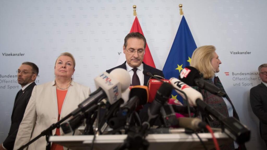 Heinz-Christian Strache (centre) stood down as vice-chancellor and leader of the junior coalition Freedom Party (FPÖ) after secret recordings emerged that appeared to show him offering state contracts in exchange for dubious party donations. Photograph: Alex Halada/AFP/Getty