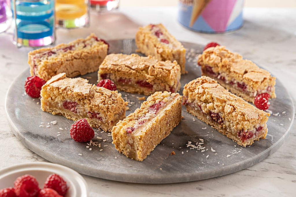 Coconut raspberry shortbread bars. Photograph: Harry Weir Photography