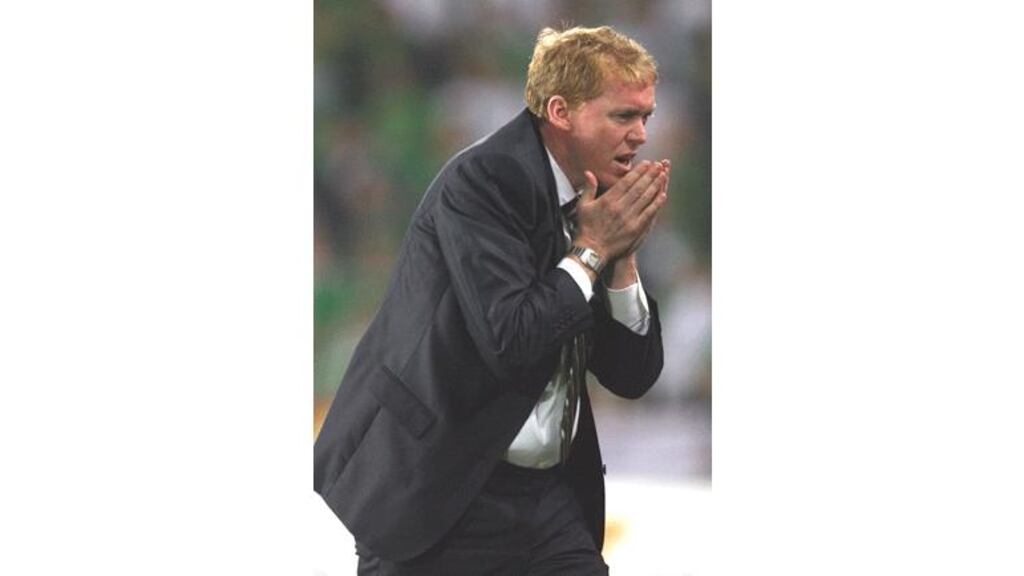 Steve Staunton shows his frustration at a missed opportunity in
Prague