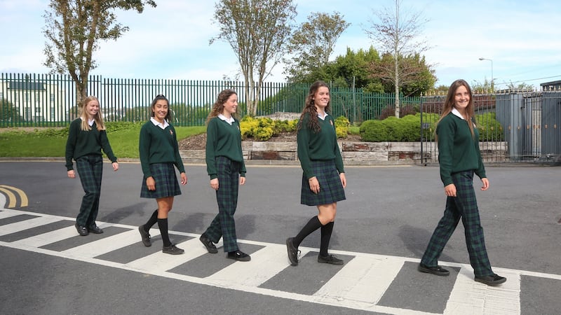Wearing the Salerno (Co Galway) uniform are fifth-year students, from left, Sarah Casserly, Ria Banerjee, Síofra McCormack, Leah Ruane and Cliodhna McDonald. Photograph: Joe O’Shaughnessy