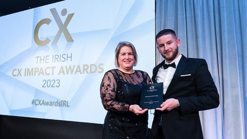 Maria Svejdar, awards judge, presents the best use of technology award to Adam Kane, on behalf Comfort Keepers Homecare Ireland.