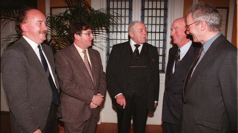 Declan Kiberd, Paul Muldoon, Major TB McDowell, chairman of The Irish Times, Dr Patrick Hillery and Seamus Deane at the 1997 literature awards in the RDS. Photograph: Alan Betson