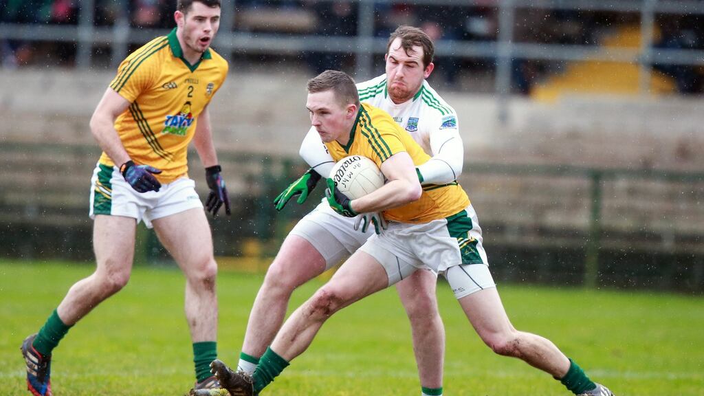 Fermanagh’s Sean Quigley tackles Conor McGill of Meath during the sides’ Allianz League Division Two clash. Photo: John McVitty/Inpho
