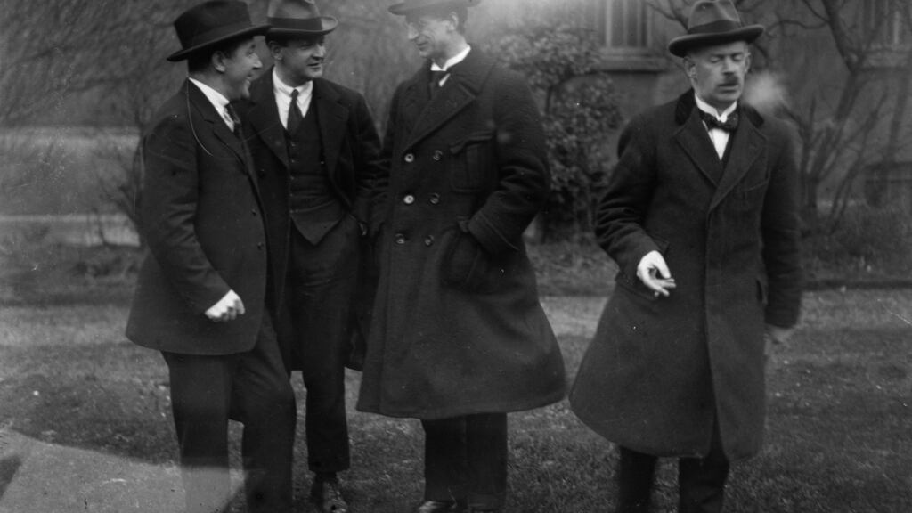 Harry Boland, Michael Collins, Eamon de Valera and Eamon Duggan on February 21st, 1922. The Shaping of Modern Ireland includes chapters on both Eamon de Valera and Michael Collins – who were not included in the original volume, perhaps because De Valera was still the dominant figure in politics at the time, while Collins personified the other side of the bitter civil-war memories which were so alive in 1960. Photograph: Walshe/Topical Press Agency/Getty Images