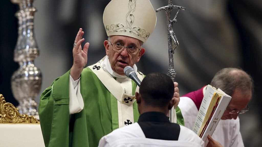 Pope Francis leads a mass to mark the closure of the Synod on the Family in Saint Peter’s Basilica at the Vatican. Photograph: Alessandro Bianchi/Reuters