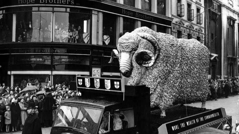 The Lord Mayor of London is a wool merchant and the float in this November 1955  procession carrying a 15ft high model of a merino ram, symbolising wool as the wealth of the Commonwealth. Photograph:  L. Blandford/Topical Press Agency/Getty Images