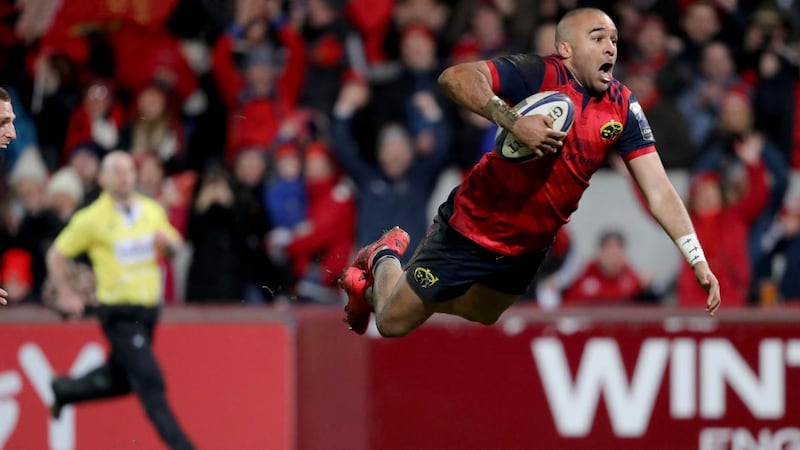 Simon Zebo scores a try for Munster during the Champions Cup match against Castres at Thomond Park in 2018. Photograph: Dan Sheridan/Inpho
