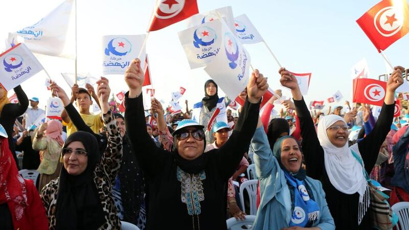Supporters of Rachid Ghannouchi, leader of the Islamist Ennahda party in Tunisia, at an election rally in Jandouba, south west of Tunis, on October 17th. Leaders of Ennahda say they overestimated the power of democracy alone to tame violent extremism. Photograph: Mohamed Messara/EPA