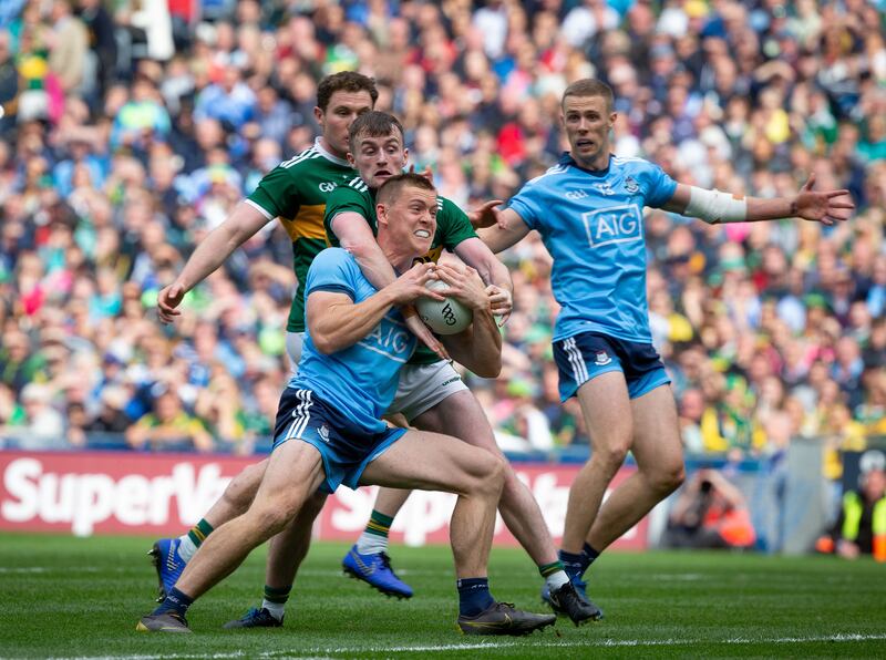 Dublin's Con O'Callaghan is challenged by Kerry's Tom O'Sullivan during the 2019 All-Ireland SFC Final at Croke Park. Photograph: Tom Honan