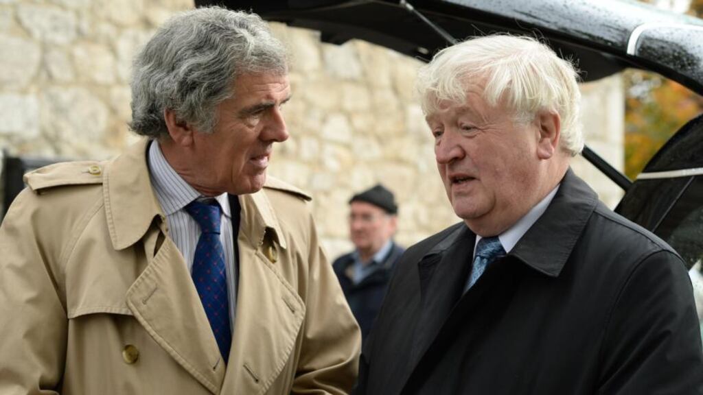 Managing editor of The Irish Times Eoin McVey (left) with Séamus McCague at the funeral of Louis O’Neill at the Star of the Sea Church in Sandymount today. Photograph: Cyril Byrne/The Irish Times