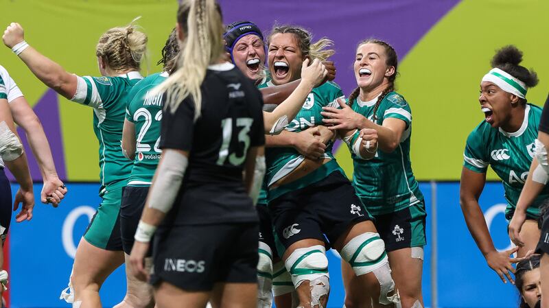 Ireland’s Erin King celebrates scoring the winning try against New Zealand in Vancouver. Photograph: Inpho/Travis Prior