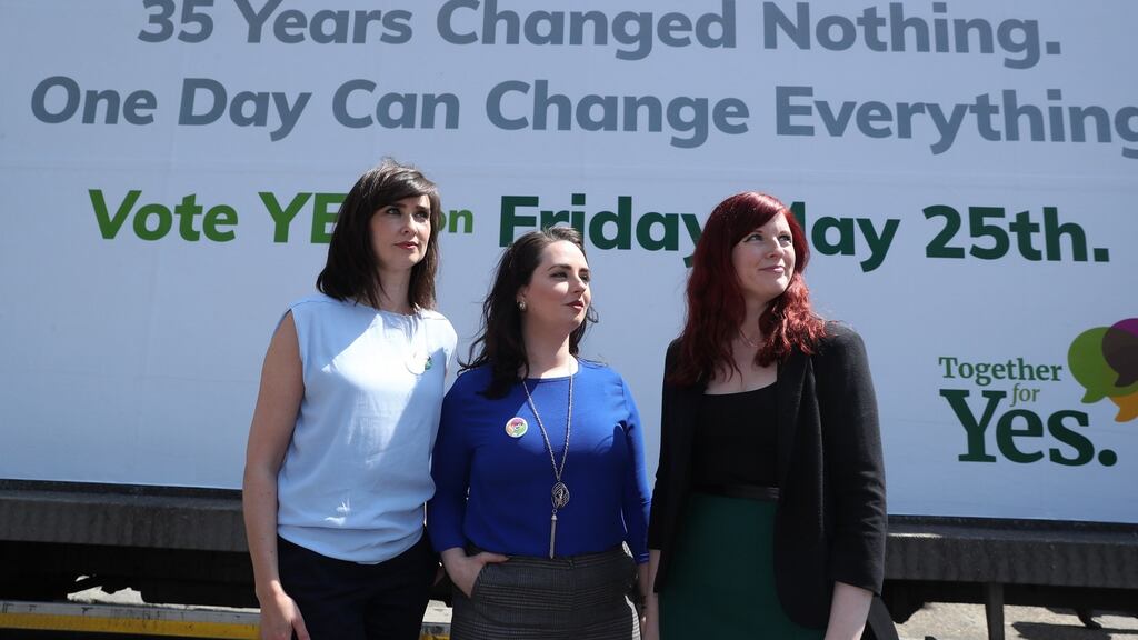 Aoibhinn Ní Shuilleabháin, Annie Hoey and Sarah Moynihan from Together for Yes on the canvass in Dublin. Photograph: Maxwells