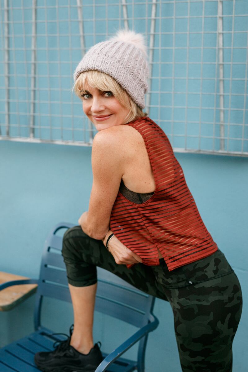 Khaki leggings €88; gold bra top €58, both Lululemon at Brown Thomas