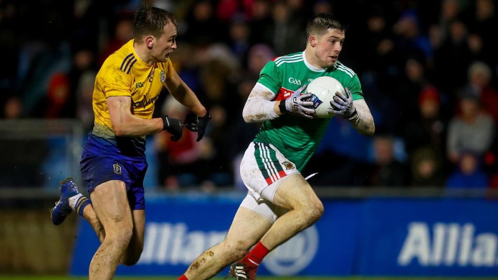 Mayo’s Brian Reape on his way to scoring a goal in the Allianz Football League Division 1 match against Roscommon at MacHale Park. Photograph: Tommy Dickson/Inpho