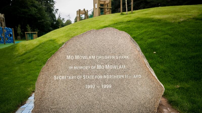 The stone made in memory of Mo Mowlam at the reopening of the Mo Mowlam play park at the Stormont estate. Photograph: Liam McBurney/PA Wire