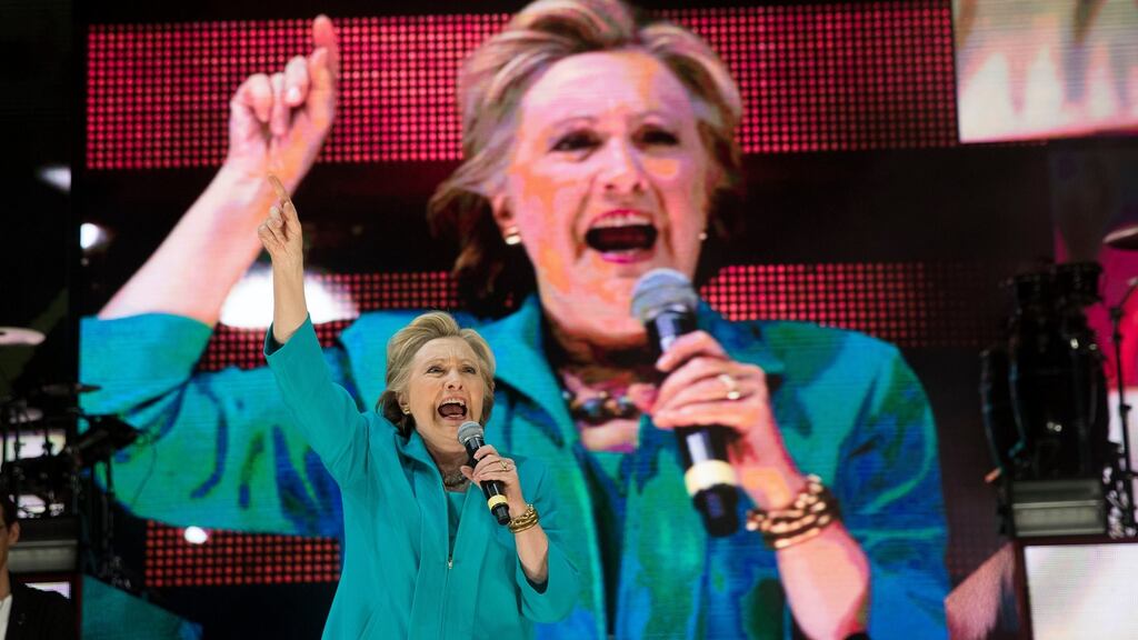 Hillary Clinton speaking at a “Get Out The Vote” concert and rally in Miami on Saturday where singer Jennifer Lopez urged everyone to vote for the candidate. Photograph: Doug Mills/The New York Times