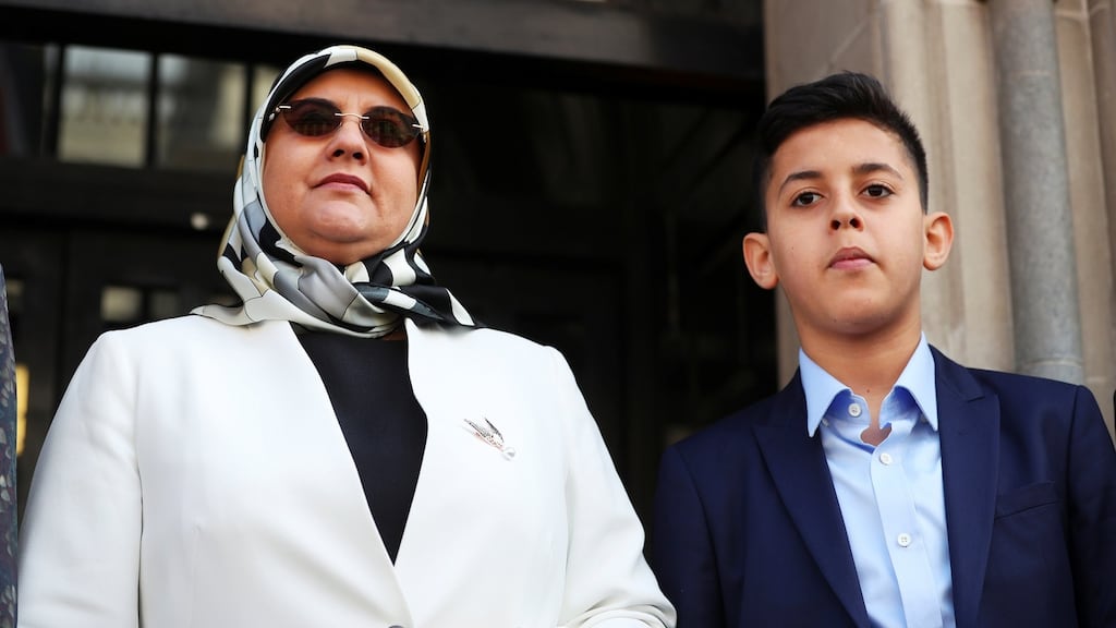 Fatima Boudchar, wife of Libyan politician Hakim Belhadj, and their son Abderrahim, arriving at the House of Commons on Thursday to hear an apology from prime minister Theresa May over the role of British spies in the 2004 rendition of Ms Boudchar and her husband to Libya. Photograph: Hannah McKay/Reuters