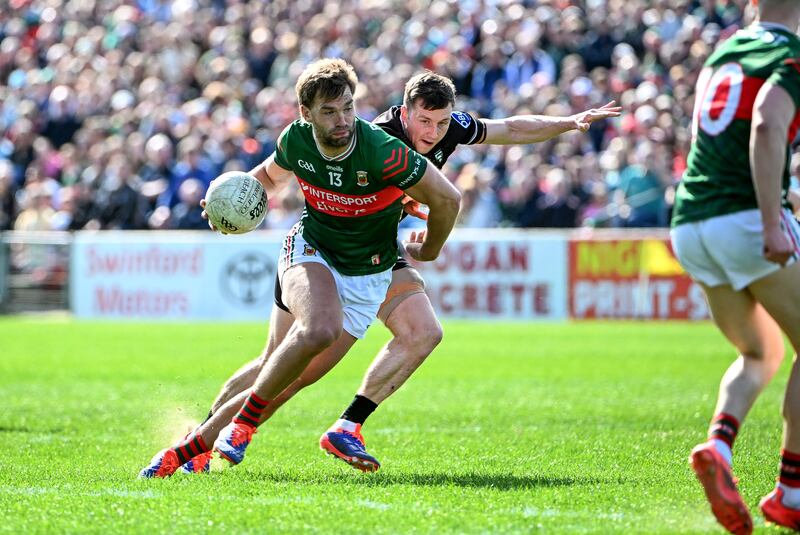 Mayo's Aidan O’Shea holds off Eddie McGuinness of Sligo during last month's Connacht SFC quarter-final at MacHale Park, Mayo. Photograph: Andrew Paton/Inpho