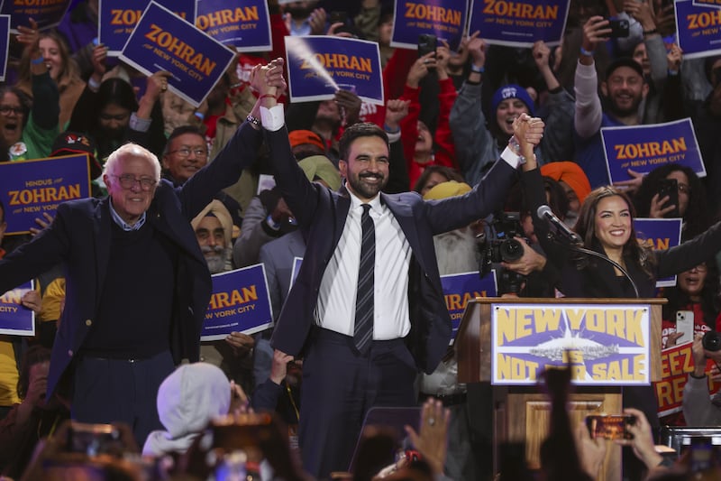 US senator Bernie Sanders, Mamdani and US representative Alexandria Ocasio-Cortez at the New York Is Not For Sale rally in the Queens borough of New York on October 26th. Photograph: Sarah Yenesel/EPA