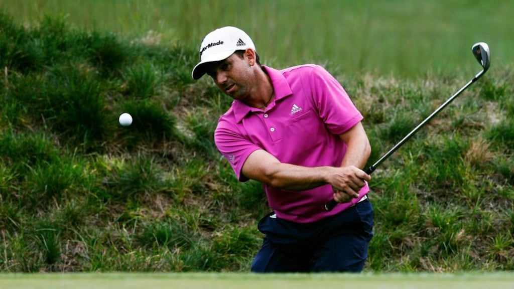 Sergio Garcia of Spain plays a shot on to the 14th green during the second round of the Deutsche Bank Championship at TPC Boston. Photograph: Jim Rogash/Getty Images