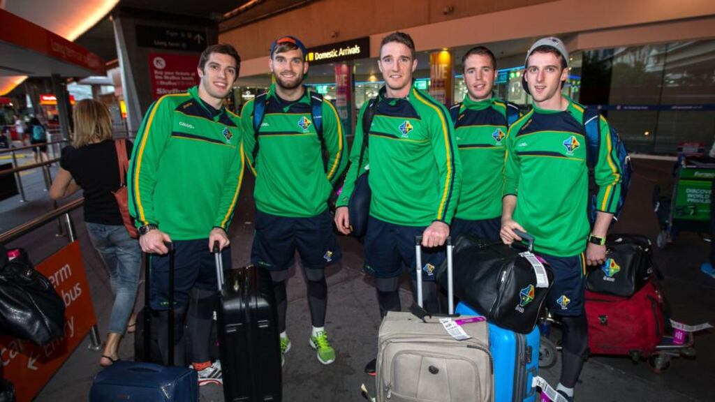 (From left) David Moran, Aiden O’Shea, Colm O’Shea, Colm O’Neill and Niall Morgan arrive in Melbourne for Ireland’s International Rules Test series with Australia. Photograph: Cathal Noonan/Inpho