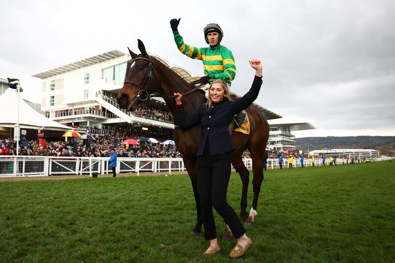 Jockey Mark Walsh and groom Georgia Fenwicke-Clennel celebrate Fact To File's win in the Ryanair Chase on day three of Cheltenham. Photograph: Dan Istitene/Getty Images
