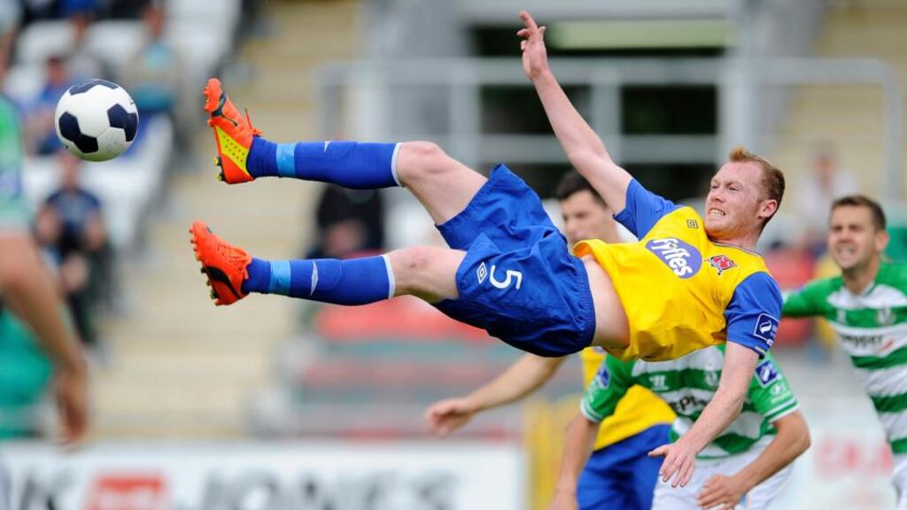 Dundalk’s Chris Shields fails to connect with an overhead kick against Shamrock Rovers. Photograph: Inpho.