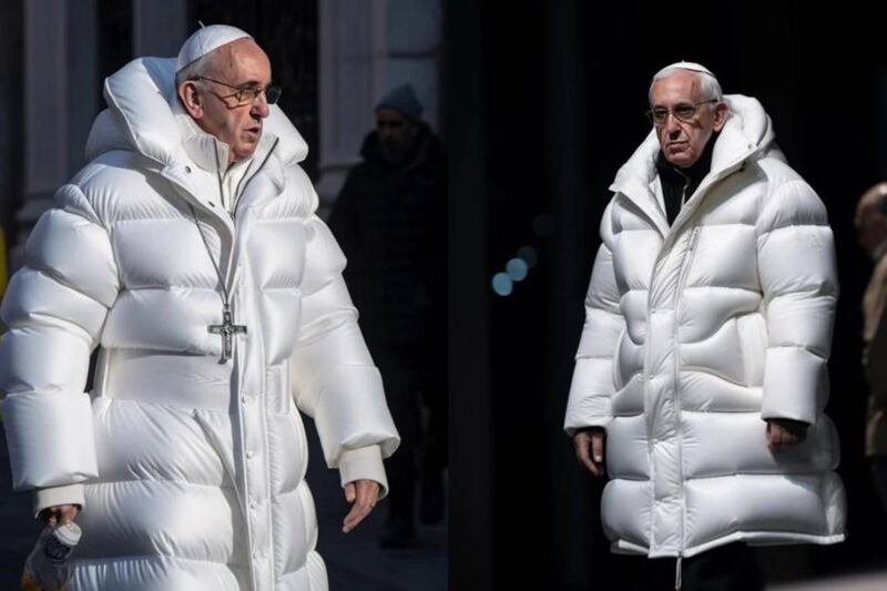 “Pope Francis” in a luxe puffer jacket. The fake images were generated using an AI tool.