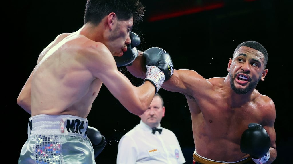 Caoimhin Agyarko Hynes lands a punch on Noe Larios Jr during a WBA international middleweight title fight at M&S Bank Arena in Liverpool last December. Photograph: Alex Livesey/Getty Images