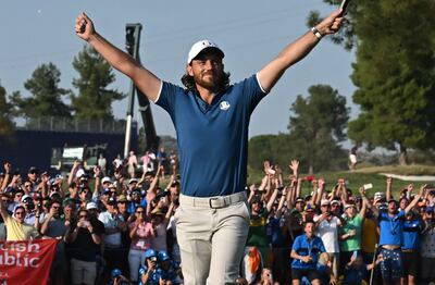 Tommy Fleetwood celebrates the winning putt on the 17th green during his singles match against Rickie Fowler in Rome. Photograph: Paul Ellis/AFP via Getty Images