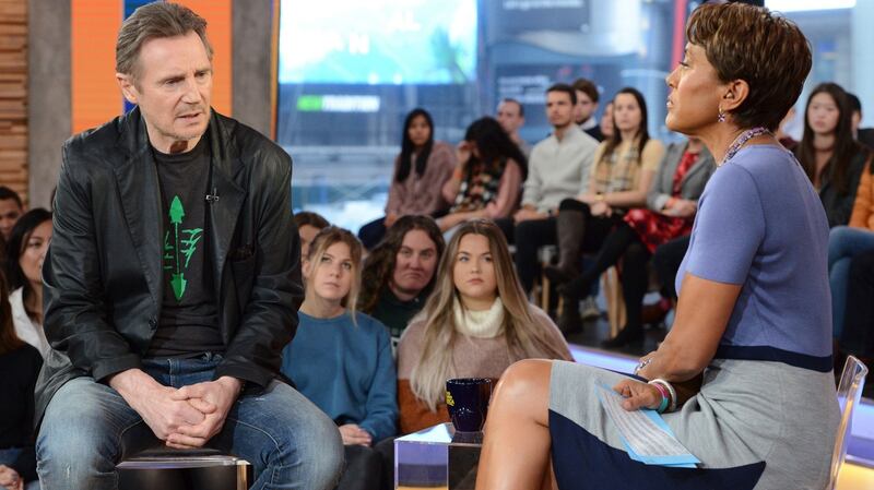 “I’m not a racist”: Liam Neeson with co-host Robin Roberts on Good Morning America. Photograph: Lorenzo Bevilaqua/ABC via AP