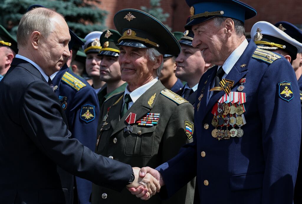 Russian president Vladimir Putin takes part at a wreath-laying ceremony at the Tomb of the Unknown Soldier in the Alexandrovsky Garden near the Kremlin wall in Moscow on Saturday. Photograph: Alexander Kazakov/Pool/AFP via Getty Images