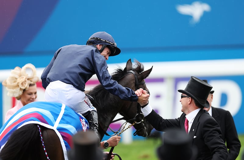 Wayne Lordan onboard Lambourn is congratulated by trainer Aidan O'Brien after winning the Derby at Epson earlier this month. Photograph: Harry Murphy/Getty Images