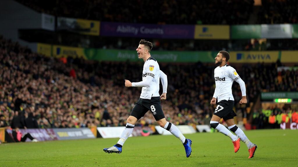 Mason Mount of Derby County celebrates scoring his side’s second goal during the Championship win over Norwich at Carrow Road. Photo: Stephen Pond/Getty Images