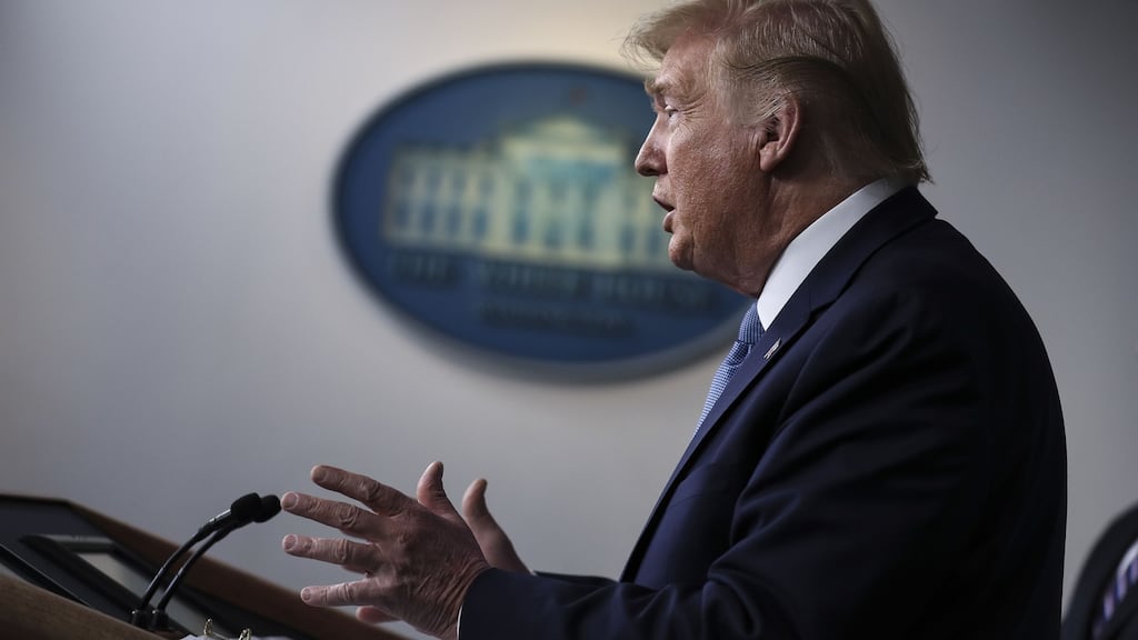 US president Donald Trump speaks during a news conference in the briefing room of the White House in Washington. Photographer: Oliver Contreras/ Sipa/ Bloomberg
