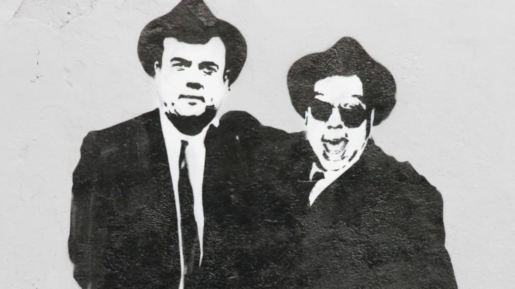 Recession Graffiti. Street Art by ADW. Brian Lenihan and Brian Cowen are pictured as the Blues Brothers in a mural in Rathmines, Dublin. Photograph: James Horan/Collins