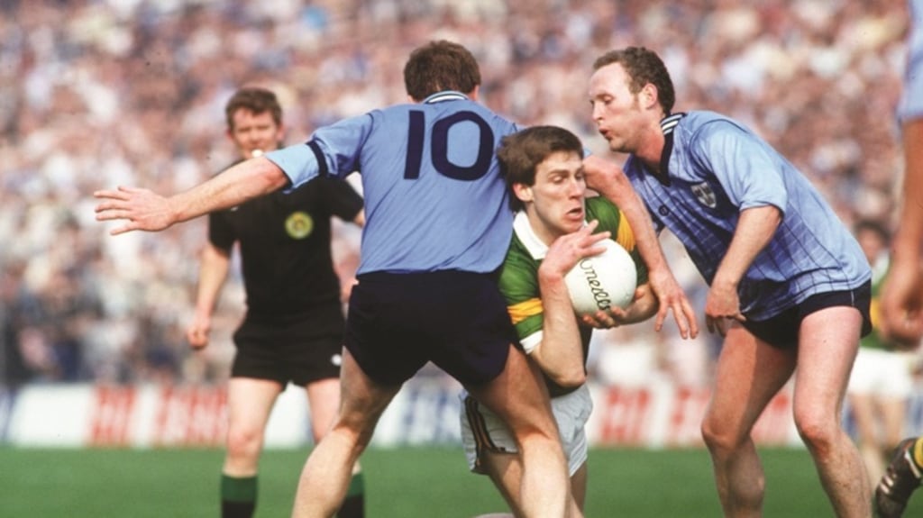 Dublin’s Barney Rock tackles Kerry’s Tom Spillane in the 1987 National Football League final: the Dubs beat a much-fancied Kingdom team. Photograph: Billy Stickland/Inpho